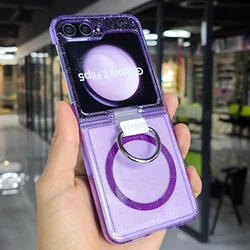 Glitter Transparent Magnetic Ring Phone Case with Wireless Charging & Shockproof Protection - Galaxy Z Flip5 (PURPLE)