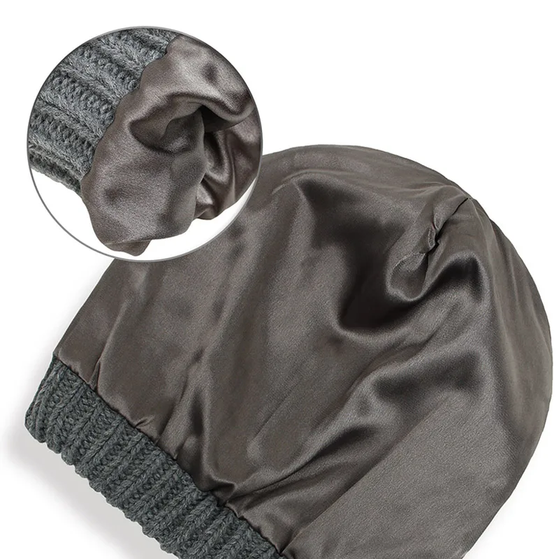 Winter Warm Knitted Hat Satin Lined Hairstyle Protection Beanie Hats Soild Color Outdoor Windproof Women Snow Skiing Caps 5