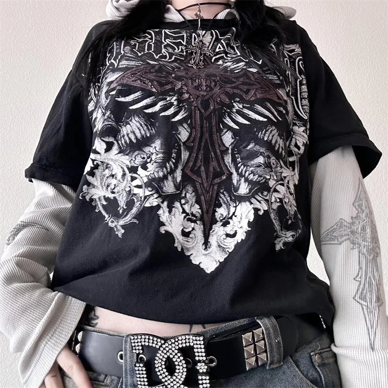Black Camo Subculture Y2K E-girl American Retro Fake Two-Piece Short Sleeve Top