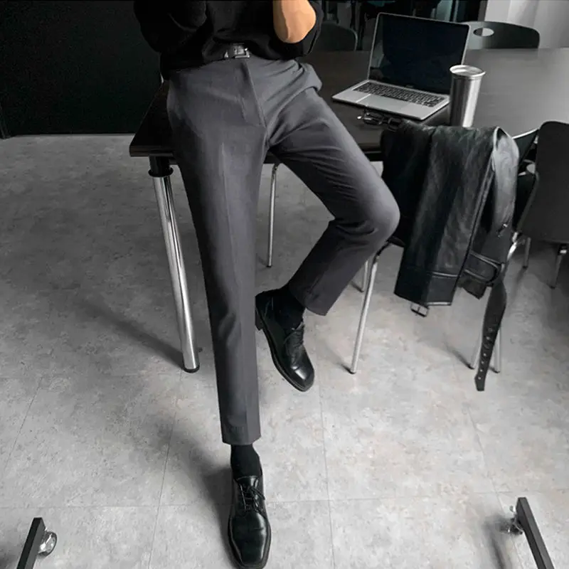 Spring Autumn 2023 Men's Suit Pants Slim Business Office Solid Color Straight Nine Point Classic Korean Trousers Male N55