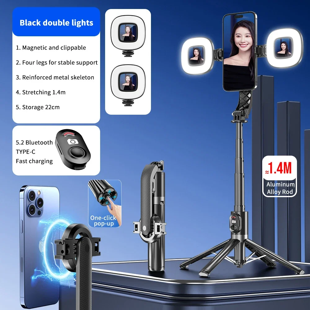P07MAX Magnetic Selfie Stick Tripod 1.4m Extendable Cell Phone Tripod Stand Travel Compatible with Magsafe IPhone