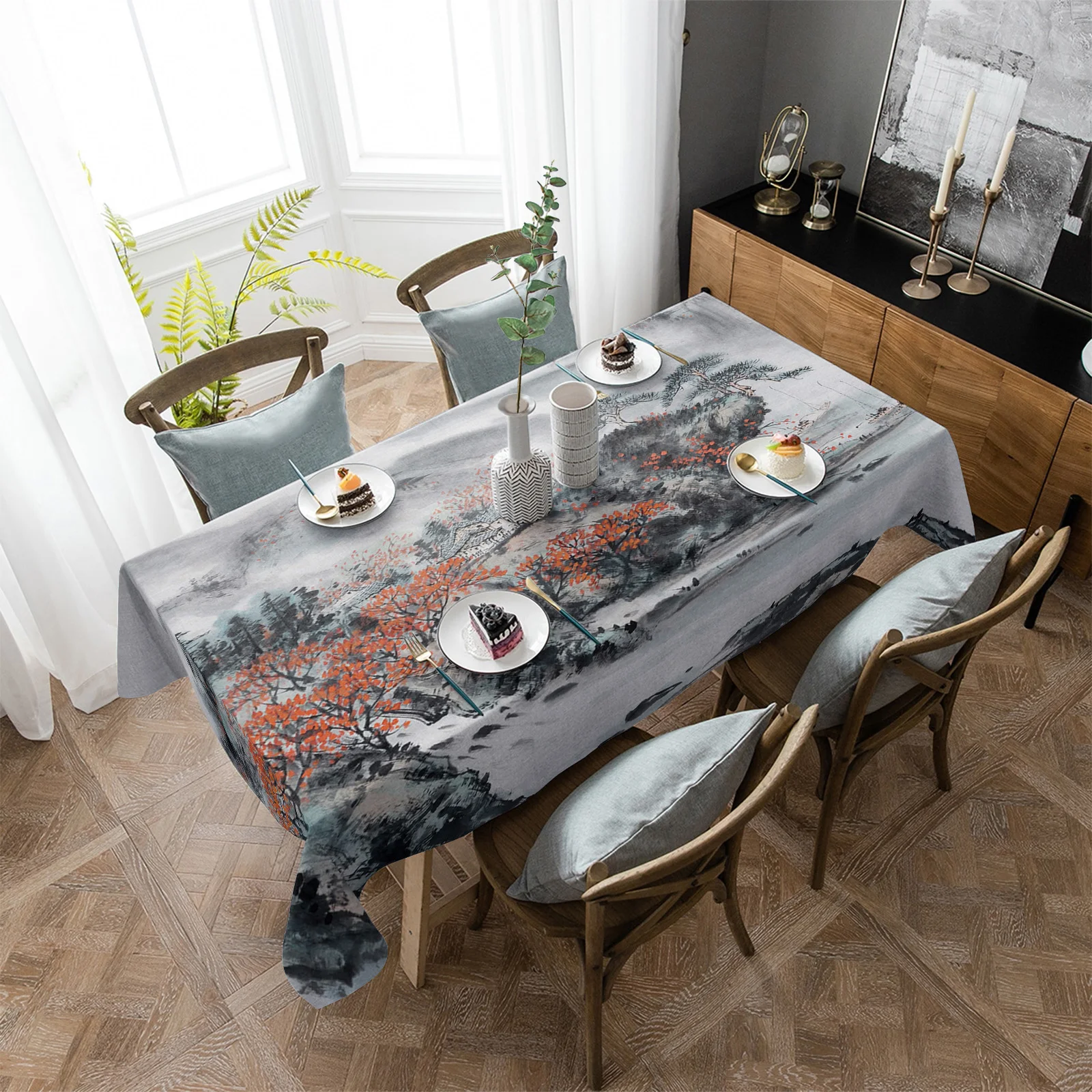 

Скатерть в китайском стиле с чернильным рисунком, настенная водонепроницаемая ткань для прямоугольного стола, декор для кухонного стола