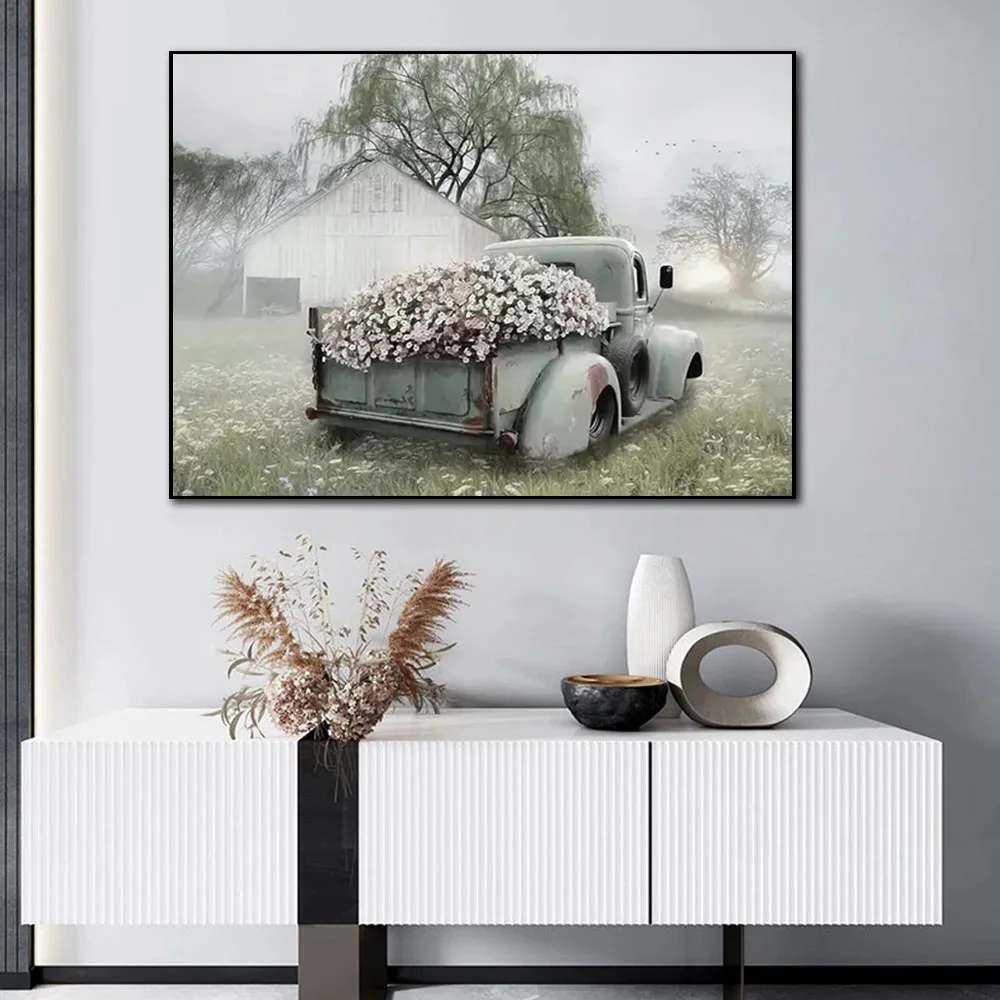 Abstract Truck With Blush Petunias Dipinti Canvas Print Landscape Wall Art Nature Picture Poster Estetica Room Decor