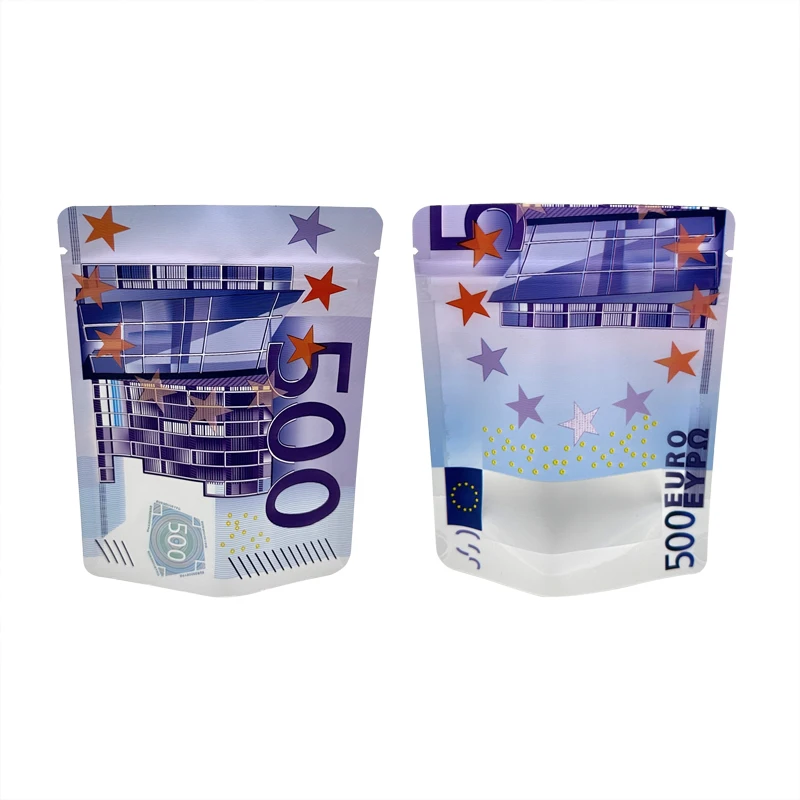 10€ 20€ 50€ 100€ 200€ 500€ 지폐 종이 지퍼 잠금 가방 투명 창이 있는 작은 주머니 1-3.5G 마일라 작은 가방 맞춤형 디자인 유로