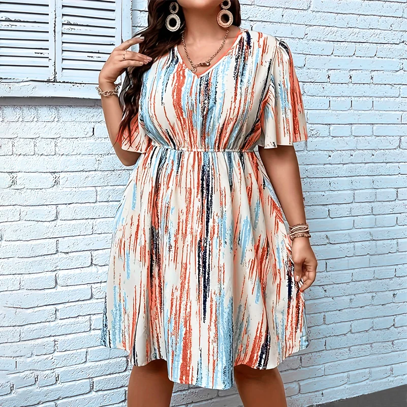Plus Size Dress, Printed V-Neck Short-Sleeved Loose Fit, Elastic Waist, Casual Style Dress.  1X-5X - view