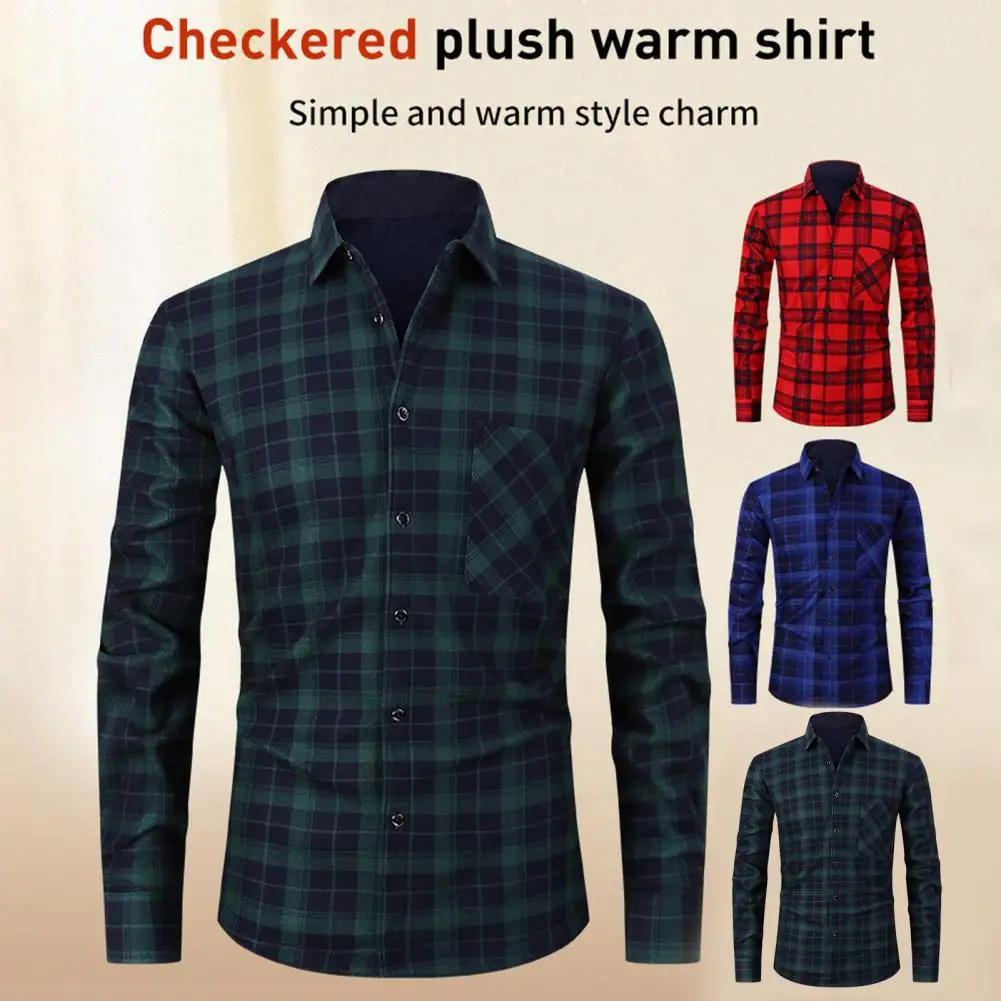 

2023 Men Shirt Palid Print Turn-down Collar Long Sleeve Single-breasted Thick Plush Slim Fit Cardigan Mid Length Men Formal Top