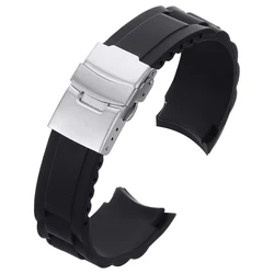 Waterproof Curved - End Silicone Watch Strap with Folding Buckle - 26mm (Black - Silver)