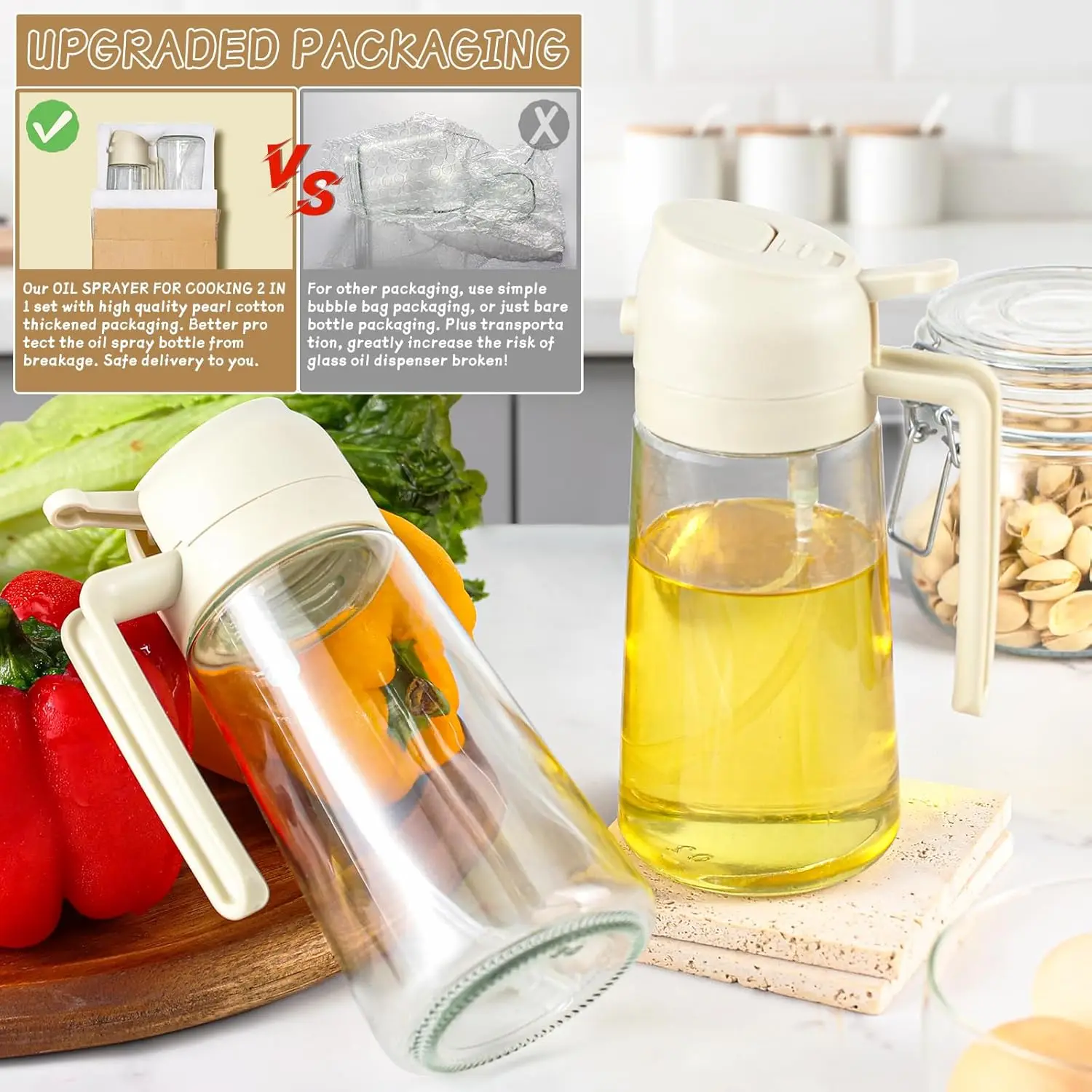 Oil Sprayer for Cooking 2pcs,2 in 1 Oil Dispenser and Sprayer Kitchen Gadgets-16oz Glass Spray Bottle,Mist Olive set