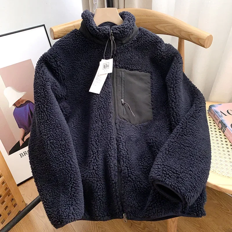 Autumn Winter Lambswool Coat Male Loose Windproof Warm Sherpa Stand Collar Polar Fleece Jacket Unisex Simple  Pocket Spliced Top 3