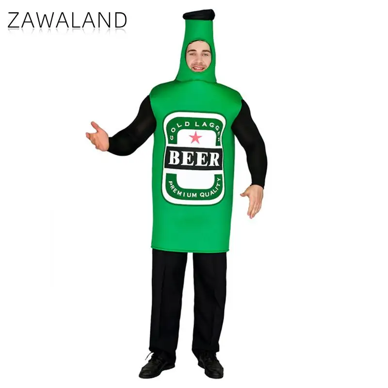 

Zawaland Cosplay Costume Men Beer Bottle Print Funny Purim Carnival Jumpsuit Green Holiday Suit Comfortable Adult Party Clothes