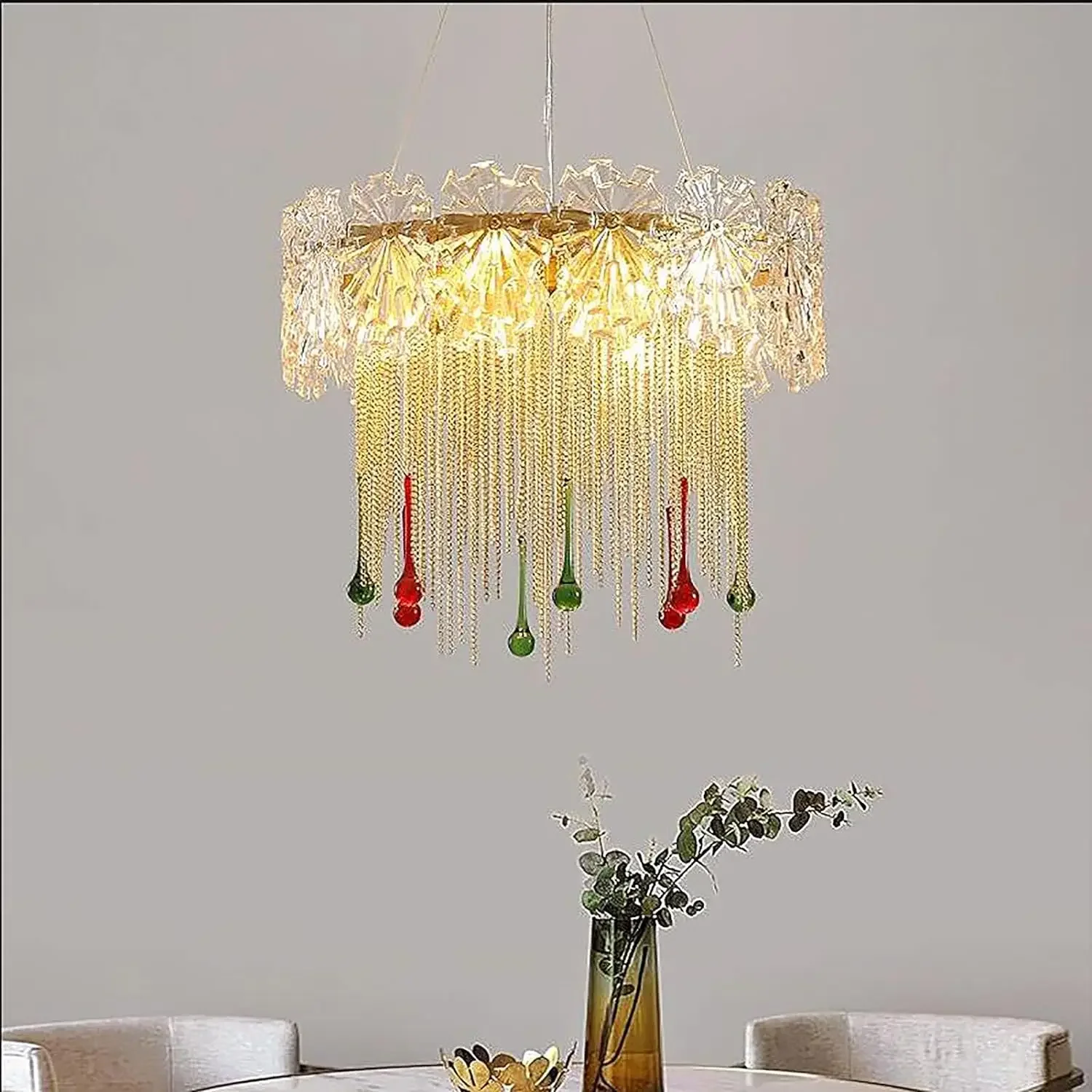 

Chandeliers,Round Glass Chandelier,Modern Luxurious Crystal Dulight with Aluminum Ctassel,E14 Adjustable Hanging Lamp