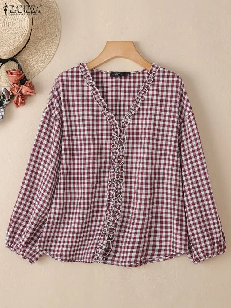 2023 ZANZEA Frauen Herbst Plaid Wangen Bluse Casual V-ausschnitt Langarm Tops Stilvolle Rüschen Arbeit Hemd Tasten Blusas Oversize