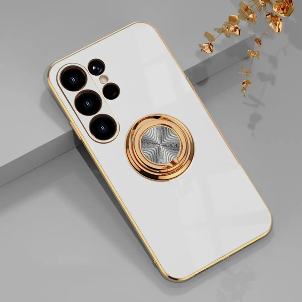 Luxurious Shockproof Silicone Case with Gold Plated Bumper and Magnetic Ring Holder