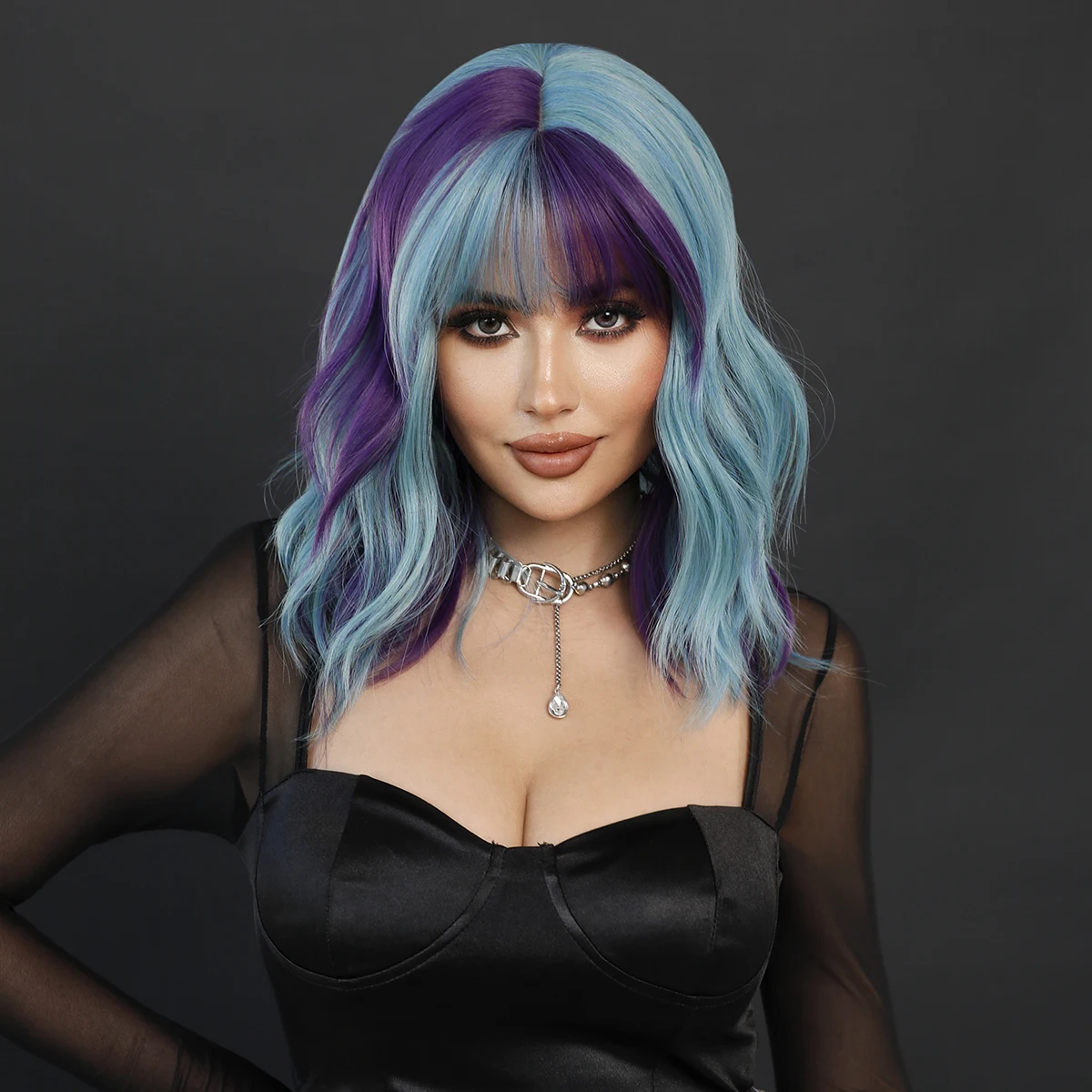 7JHH WIGS Costume Wigs Shoulder Length Water Wave Colorful Wigs with Bangs Purple Highlight Blue High Density Synthetic Hair Wig