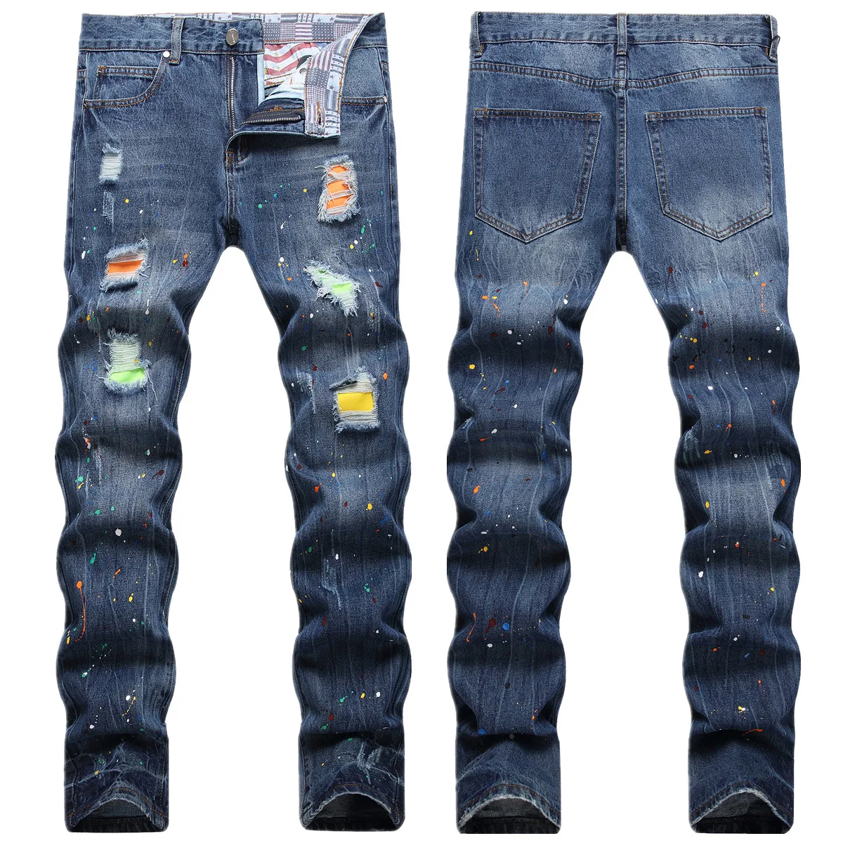 

2024 new trousers cross-border autumn men's torn patch jeans men's fashion brand slim body shake paint small foot trousers