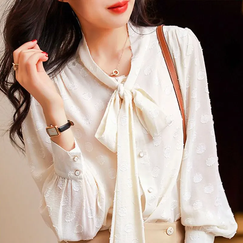 Office Lady Elegant Scarf Collar Shirt Stylish Drawstring Bow Women's Clothing Single-breasted Spring Basic Solid Color Blouse