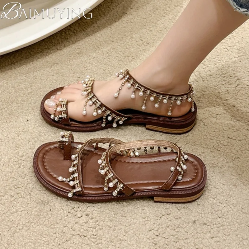 Crystal Clip Toe Flats Bead Sandals Women Slippers Shoes Summer Flip Flops Designer Casual Beach Slingback Dress Bohemia