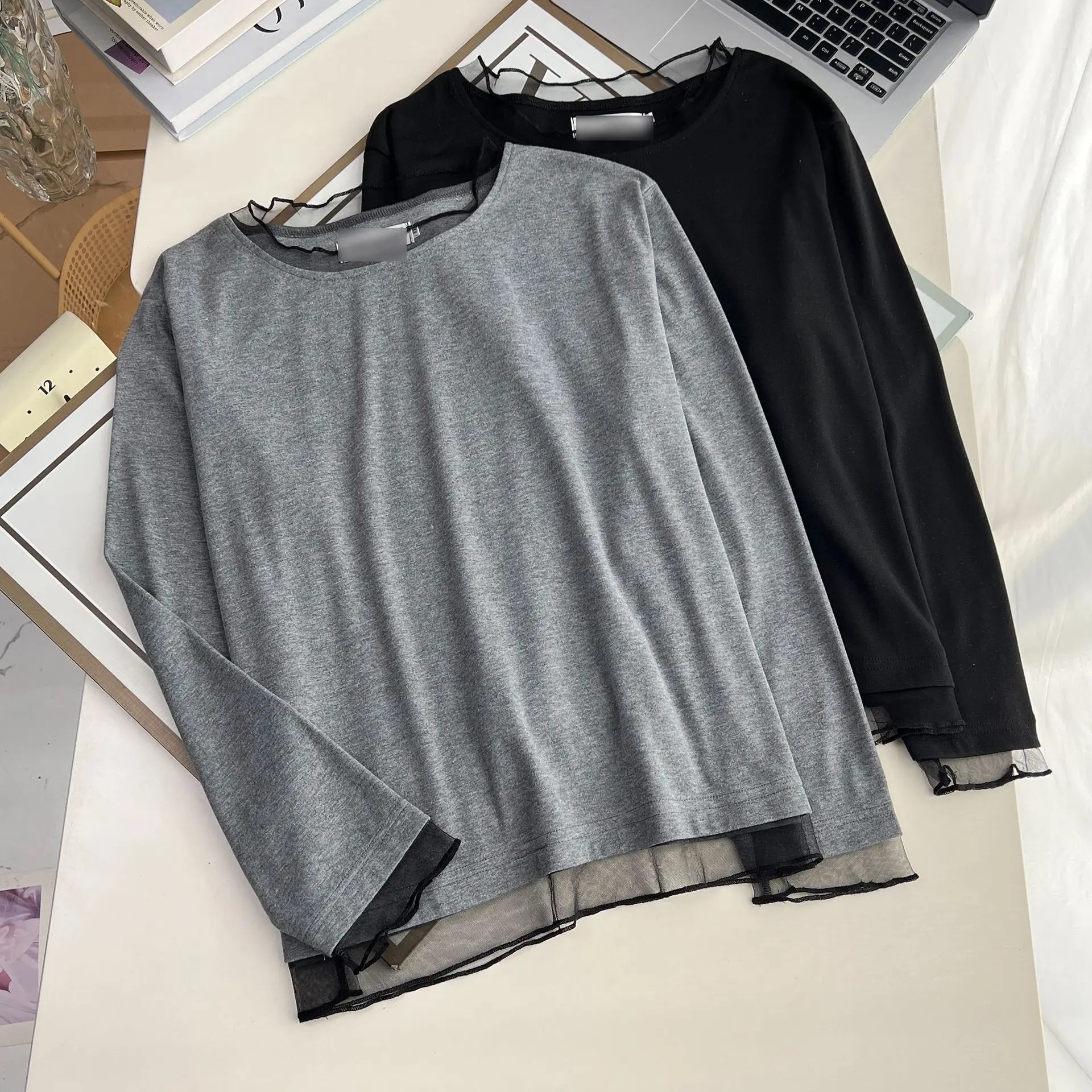 XXXXL Fashion Plus Size Woman Clothing T-Shirt Elegant Mesh Patchwork Collar Long Sleeved Base Casual Tops 1749