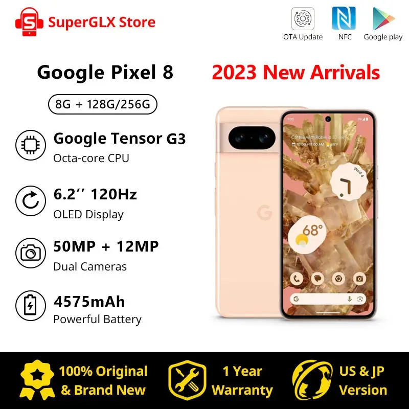 US & Japan Version Google Pixel 8 5G Google Tensor G3 8GB RAM 128GB/256GB ROM With Advanced Pixel Camera - Obsidian, Hazel, Rose мобильный телефон google pixel 7 pro 12 128gb us hazel ореховый