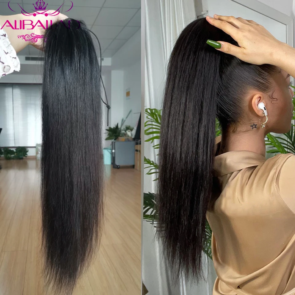 Aliballad-Straight Drawstring Ponytail Extensões para Mulheres, Cabelo Humano, Brazilian Pony Tail, Remy Hair Clip, 150g