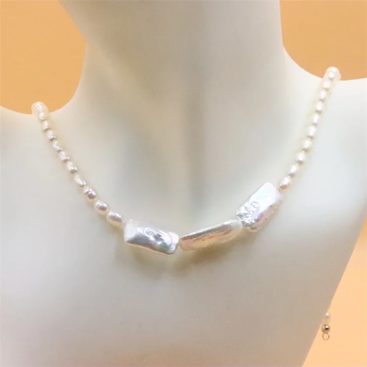 

ZFSILVER 100% 925 Sterling Silver Natural Baroque Rectangle Freshwater Pearl Necklace Match All Jewelry Women DIY Gift Party