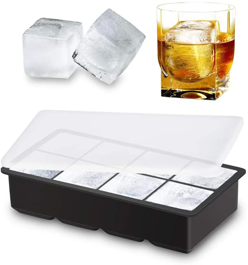 4/6/8 Grid Ball Big Square Ice Cube Mold Black Silicone Ice Cube Maker Riutilizzabile Fai Da Te Ice Cube Vassoio Per Congelatore Bevande Whisky Wine