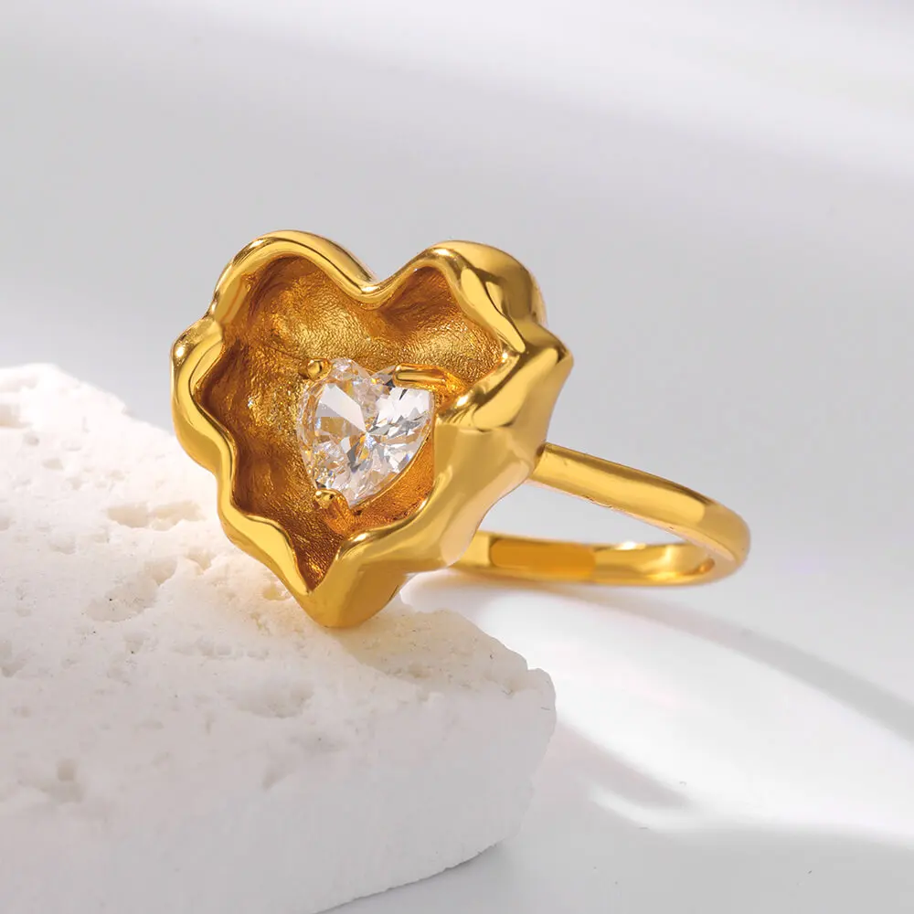 Cubic Zirconia Hearts Rings Adjustable Gold For Women
