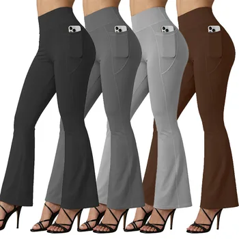 Leggings da yoga svasati a vita alta Sollevamento del sedere da donna con design tascabile Leggings a gamba larga Collant da corsa Pantaloni da palestra taglie forti