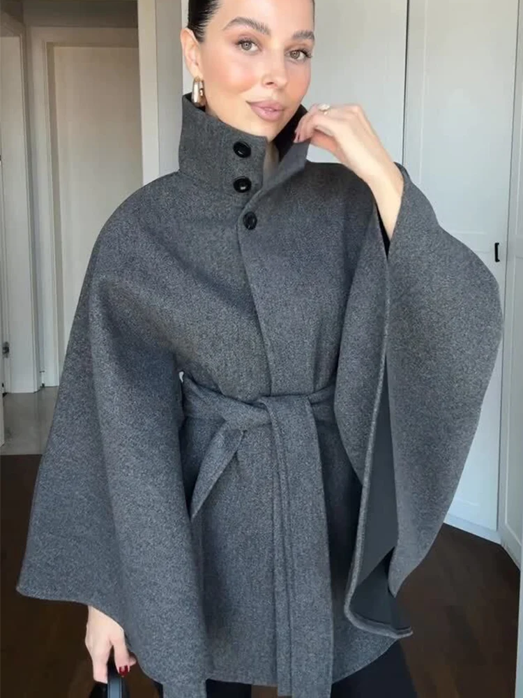 Casual Women Woolen Cloak Jacket Turtleneck Button Loose Female Cloak With Belt Autumn Winter New Fashion Warm Street Outwear