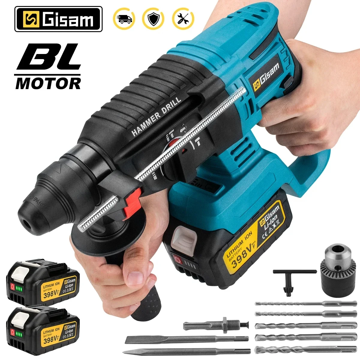 GISAM Martelo Perfurador Brushless sem Fio 4 Funções, martelete elétrico perfurador de impacto, compatível com bateria Makita 18V