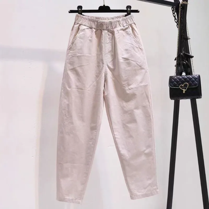 2024 New Simple Casual Versatile New Summer Solid Color Women's High Waisted Elastic Fashion Loose Pocket 9-inch Harlan Pants