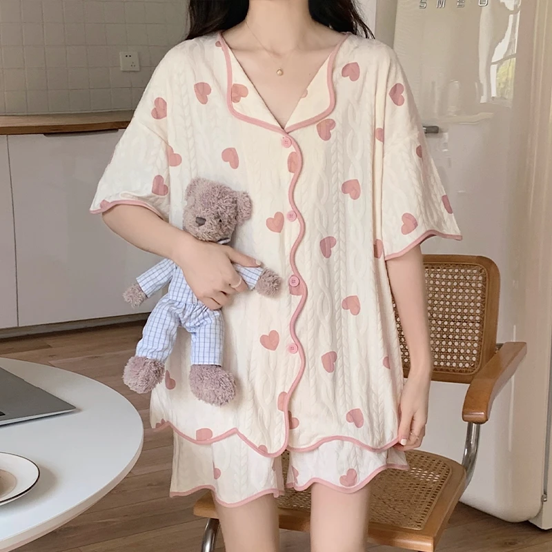 2024 Summer Elegant Fashion Harajuku Slim Fit Female Clothes Loose Casual All Match Pajamas Cardigan Button Short Sleeve Shorts
