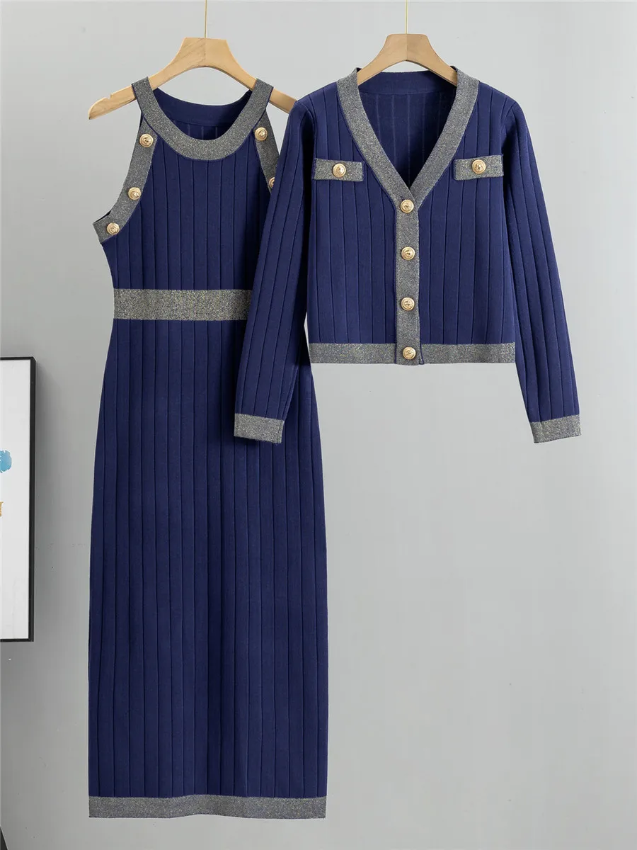 أنيقة سليم محبوك 2 قطعة مجموعات النساء س الرقبة أكمام تريكو فستان Conjuntos الكورية طويلة الأكمام قصيرة سترة القمم الزي