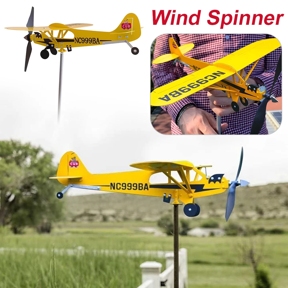 3D Garden Decor Piper J3 Cub Wind Spinner Plane Metal Airplane Weather Vane Outdoor Roof Wind Direction Indicator garden art decor wind spinner