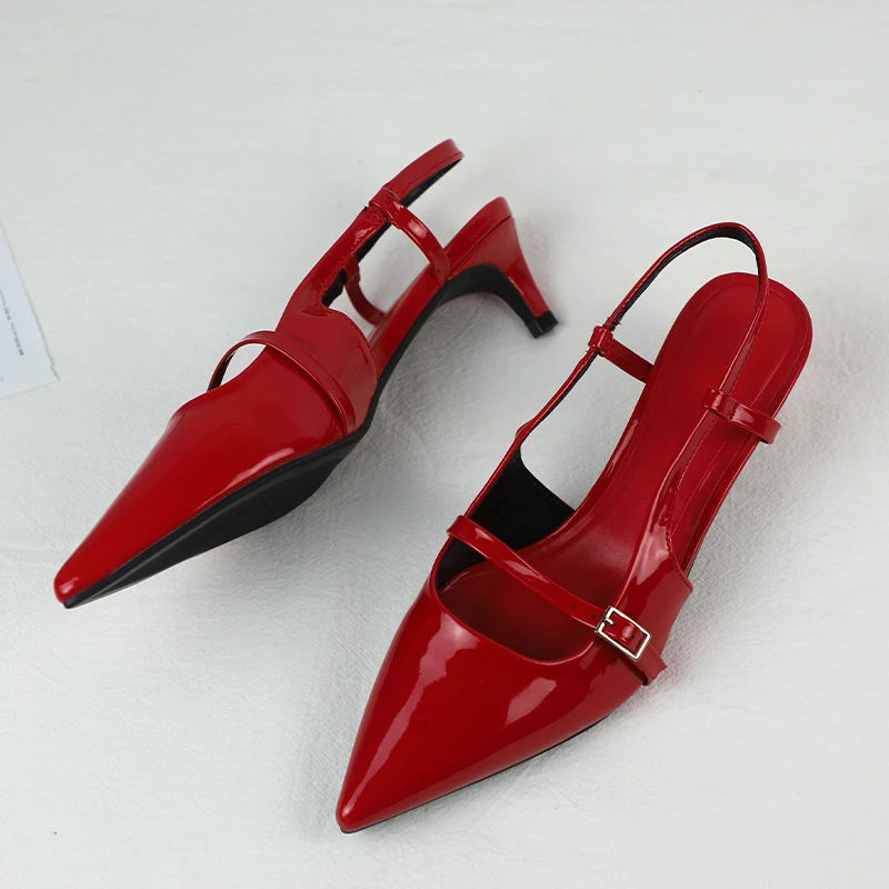 Summer Red Patent Leather Pointed Toe Slingback Sandals for Women Low Heel Design Offers Wear Strap Buckle Trendy Fashion Shoes