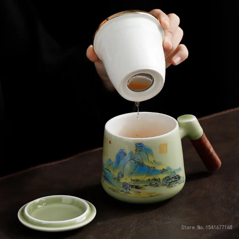 Chinese style Creative Ceramic Tea Cup with Filter, Water Separation, High Color Teacup, Home Office Mugs with Cover, 350ml, 1Pc