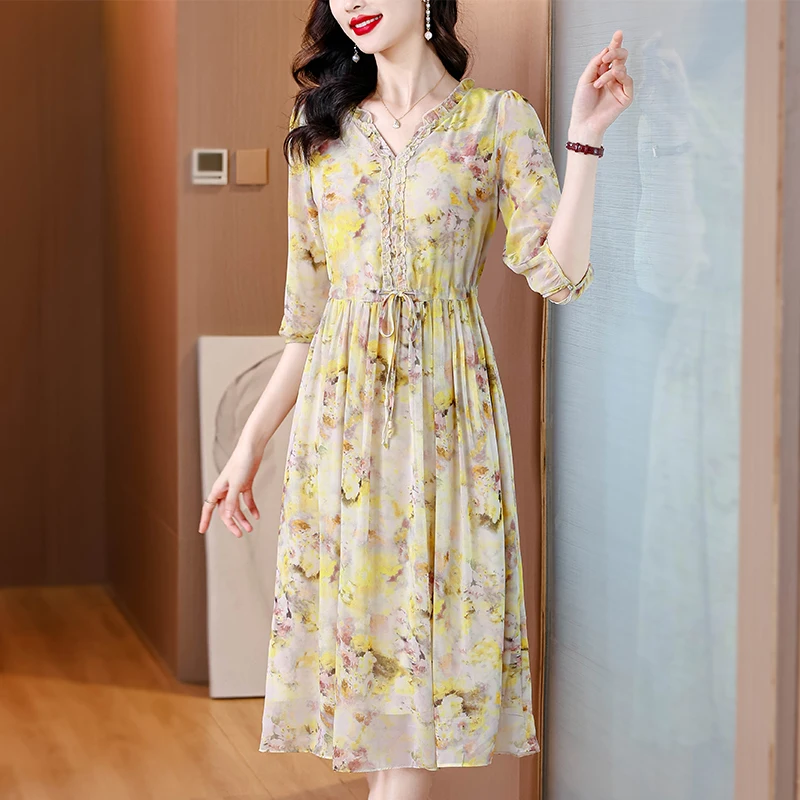 

2024 Summer Floral Silk Midi Dress Women Vintage Boho Vacation Fashion Casual Light Dress Korean Elegant Luxury Festival Vestido