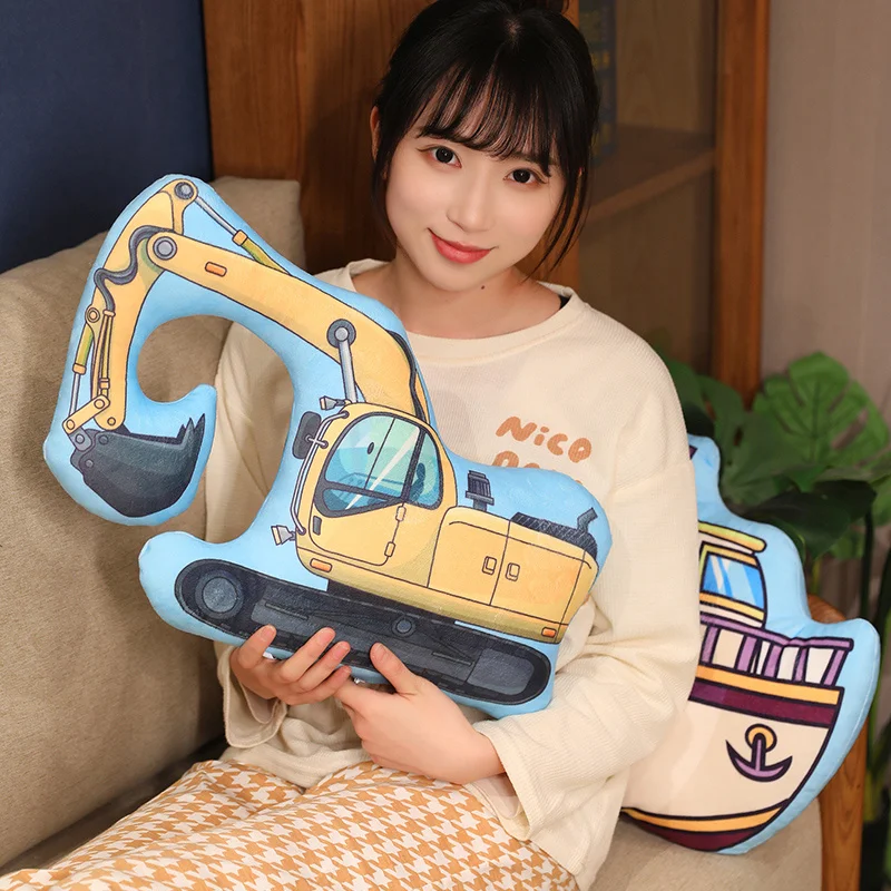 Cartoon Police Car Fire Truck Excavator Plush Toys Stuffed Doll Hug Pillows Chair Cushion Kids Children Boys Gifts Room Decor plush toys chair cushion