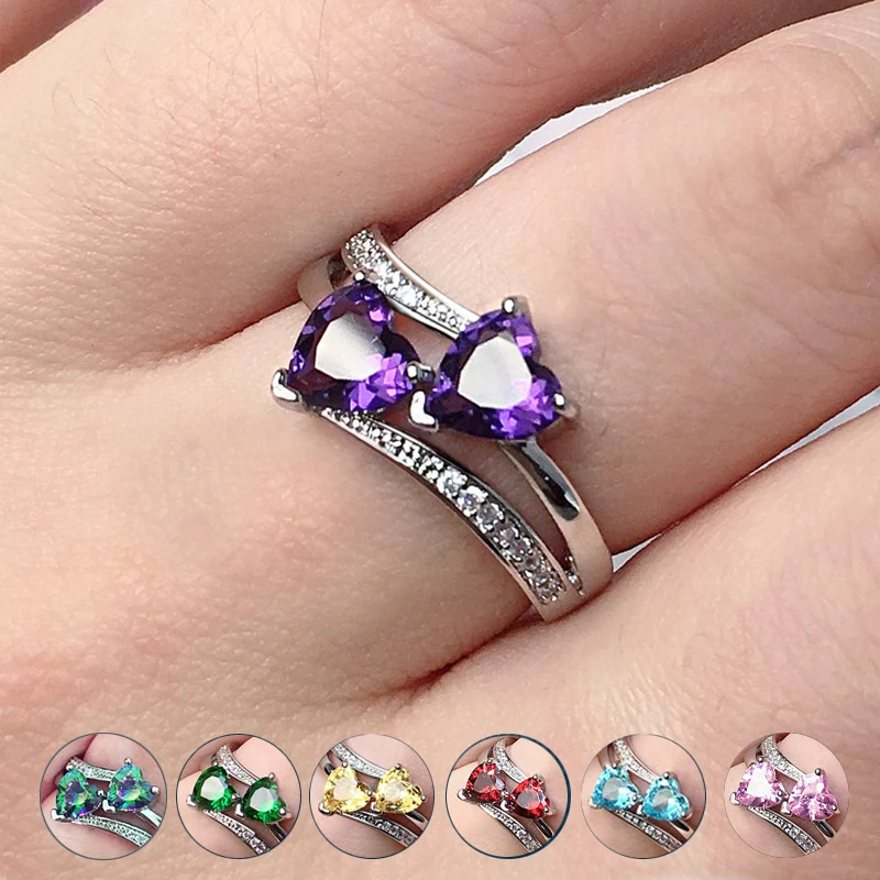 

Silver-plated Double Heart-Shaped Cubic Zircons Wedding Ring for Women Female Stylish Heart CZ Ring Nice Gift for Girls Birthday