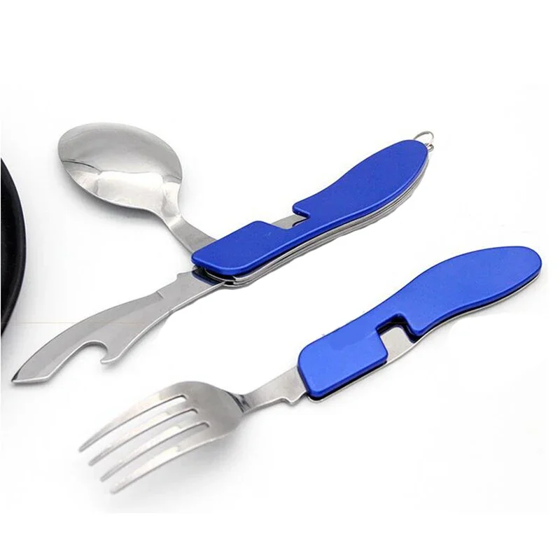 Tablespoon Set 4 In 1 Foldable Spoon Knife fork bottle opener Stainless Steel Folding Pocket Kits Outdoor Tableware Set cutlery set