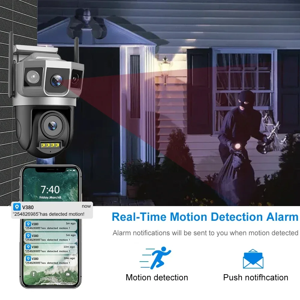 PEGATAH WIFI IP Camera CCTV 4MP Dual Lens Three Screen Auto Tracking Outdoor Video Security Surveillance PTZ Cameras V380 Pro