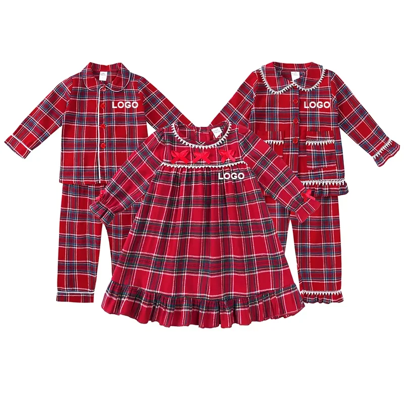 2025 Custom Kids Pajamas Christmas Children Boy Clothes Red Velvet Plaid Suit Family Match Toddler Girl Dress Xmas Sets Costume 2