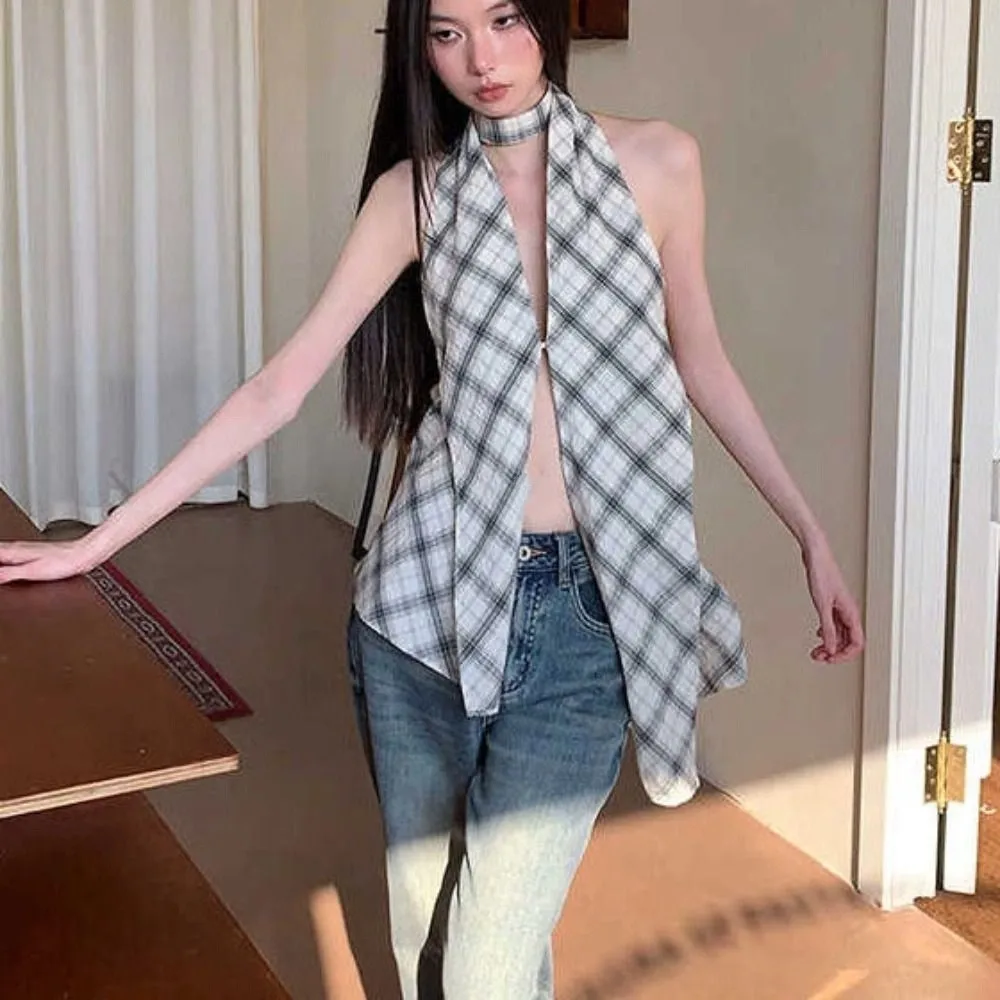 Korean Style Grid Halter Sleeveless Camisole Irregular Split Slim Crop Tops Sweet Summer Suspender Vest Women Girl