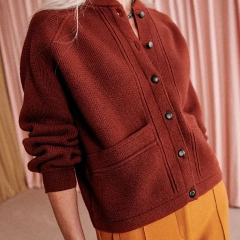

Organic Cotton Baseball Collar Knitted Sweater Cardigan for Women 2023 Autumn New Coat