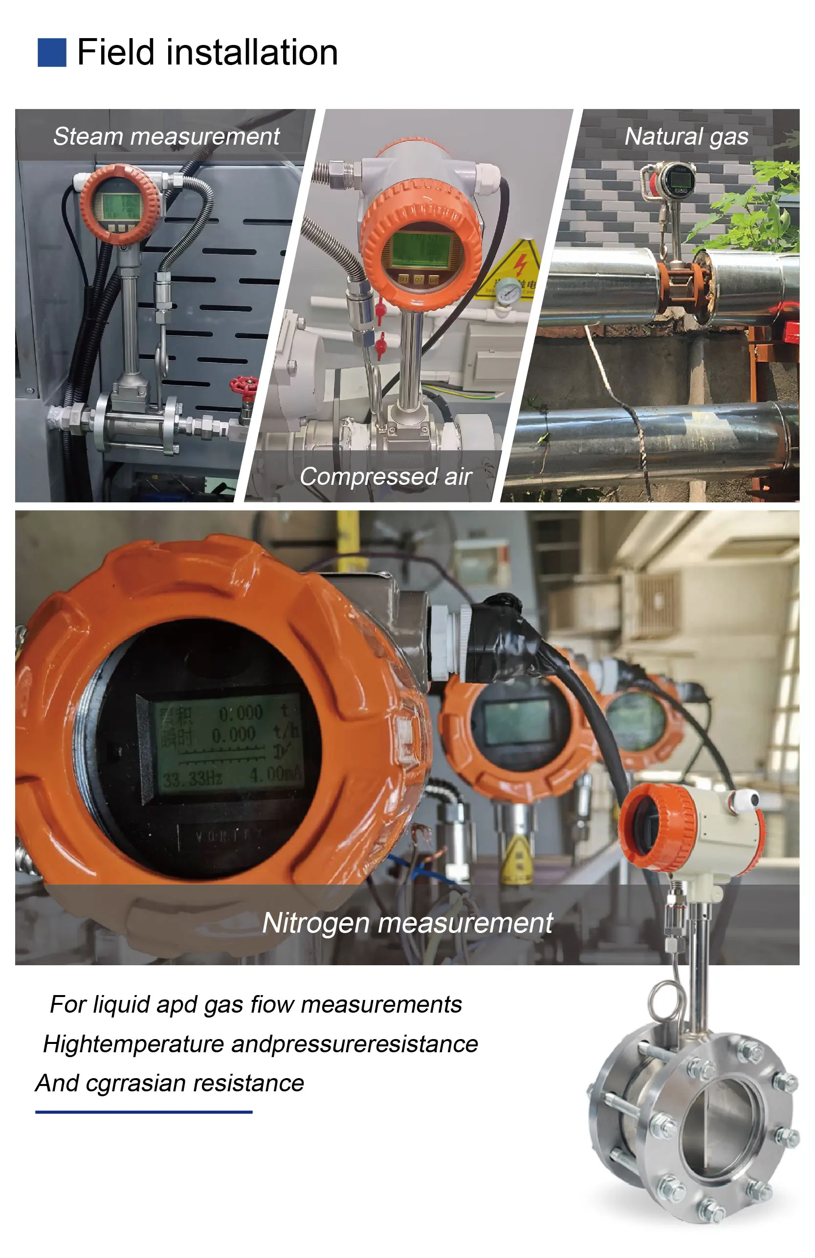 LUGB-XX Vortex Flow Meter Steam Hot Oil Flowmeter 304 Stainless Steel 24V 4-20mA