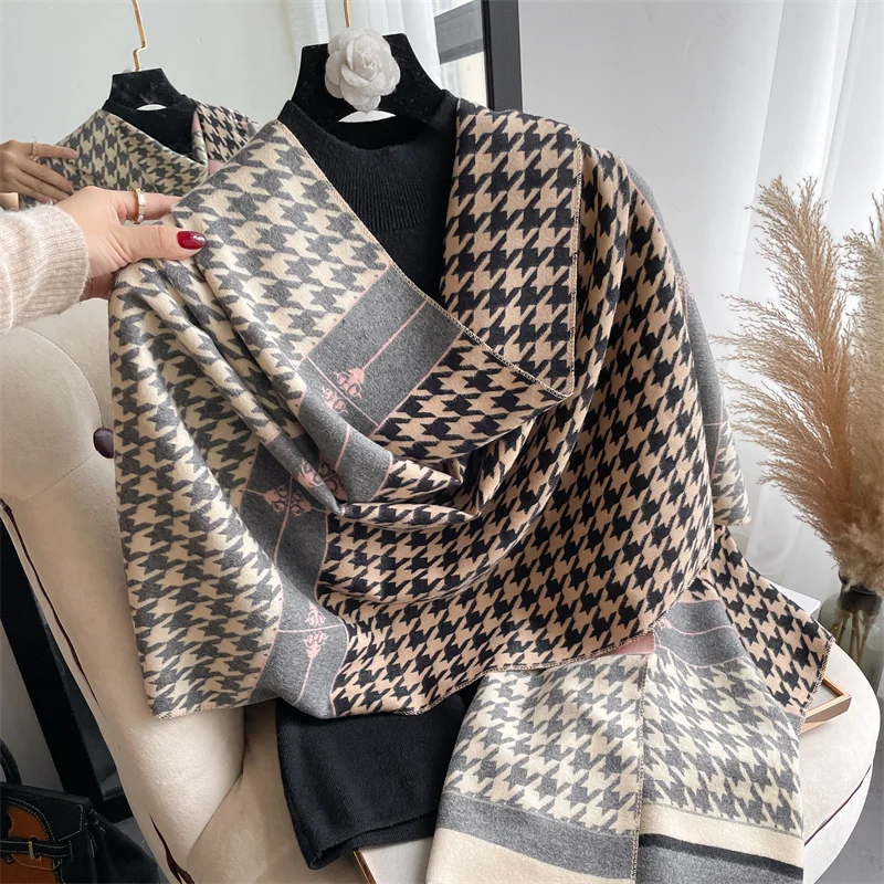 

Winter Scarf for Women Shawl Luxury Houndstooth Warm Thick Pashmina Wraps Blanket Bufanda Decorate Poncho Stoles 2022