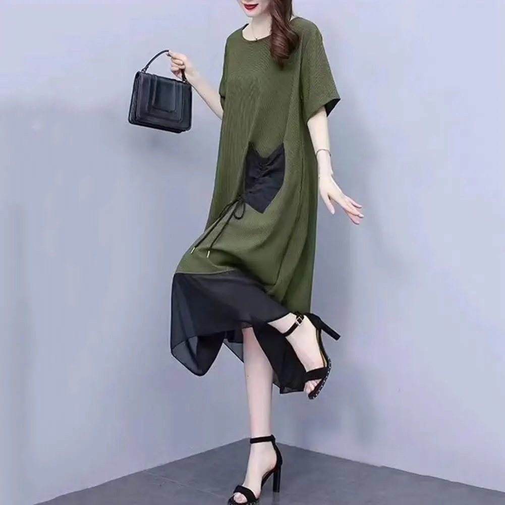 

Women Short Sleeve Long Dress Stylish Plus Size Mesh Patchwork Midi Dress with Drawstring Waist Color Matching Patch for Summer