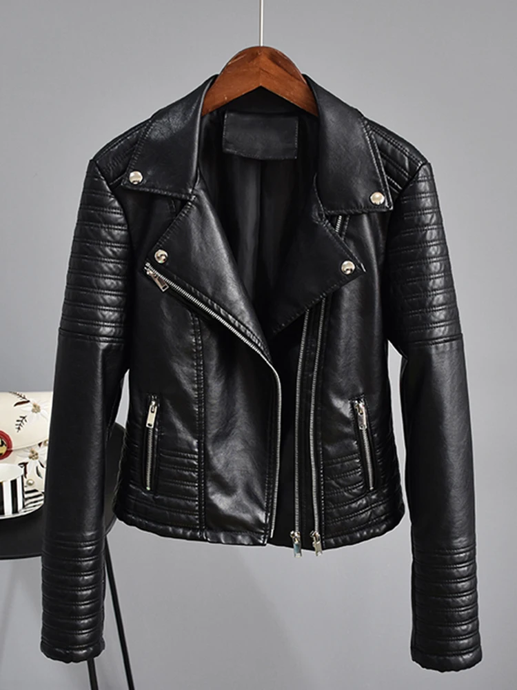 

Autumn Faux Leather Jacket Women Turndown Collar Pu Motorcycle Black Punk Coat Female Rivet Zipper Outerwear