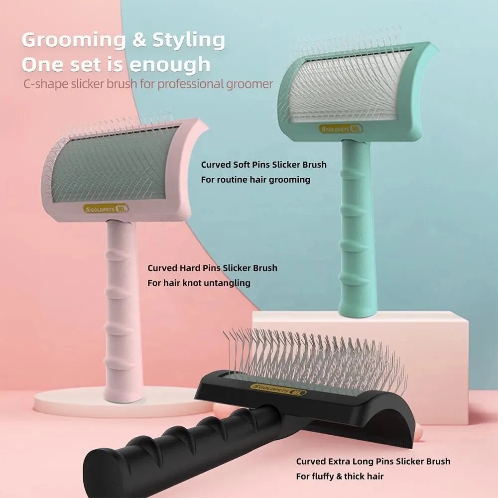 C-shaped Thick Back Hair Self Cleaning Curved Needle Comb Pet Hair Beauty Brushing Arc Long Needle Comb Goldpets PS1140