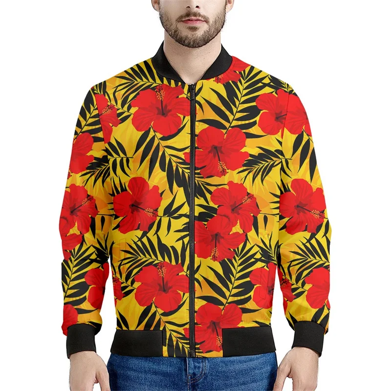 thumbnail image 1 of Chaqueta con estampado de flores coloridas hawaianas para hombre, sudaderas con estampado 3D de plantas tropicales, abrigos de manga larga con cremallera estilo bombardero callejero, 1 of 5